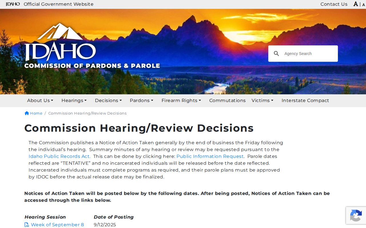 Fremont County parole Commission decision notices