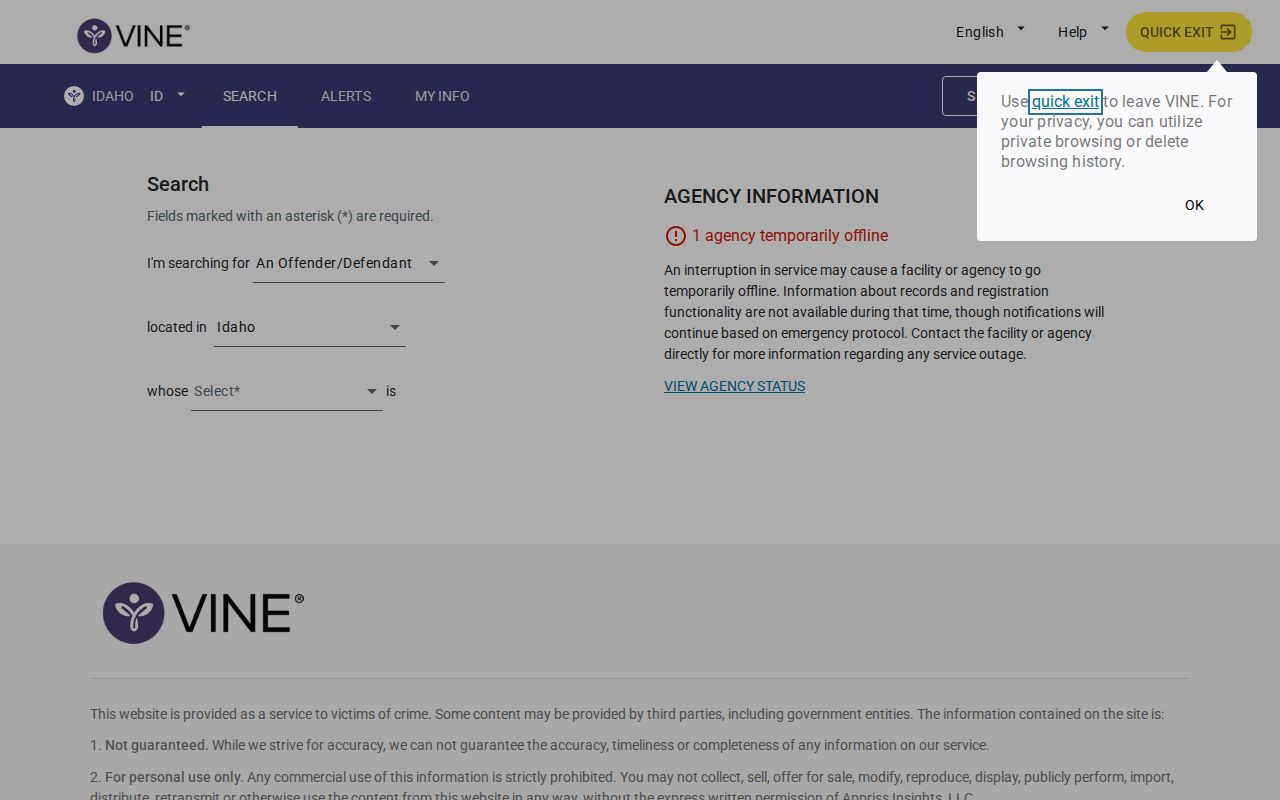 Idaho VINELink person search interface