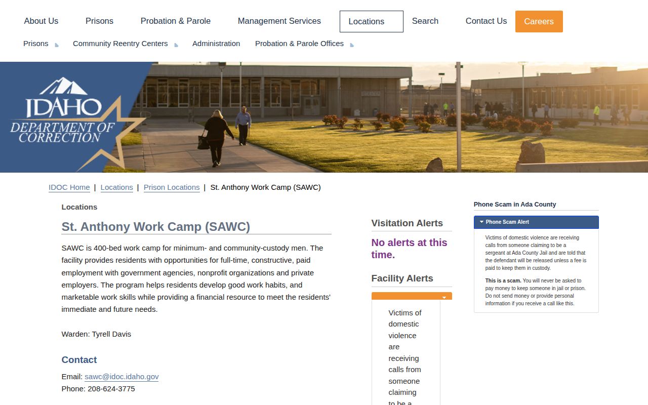Official Idaho Department of Correction St. Anthony Work Camp page